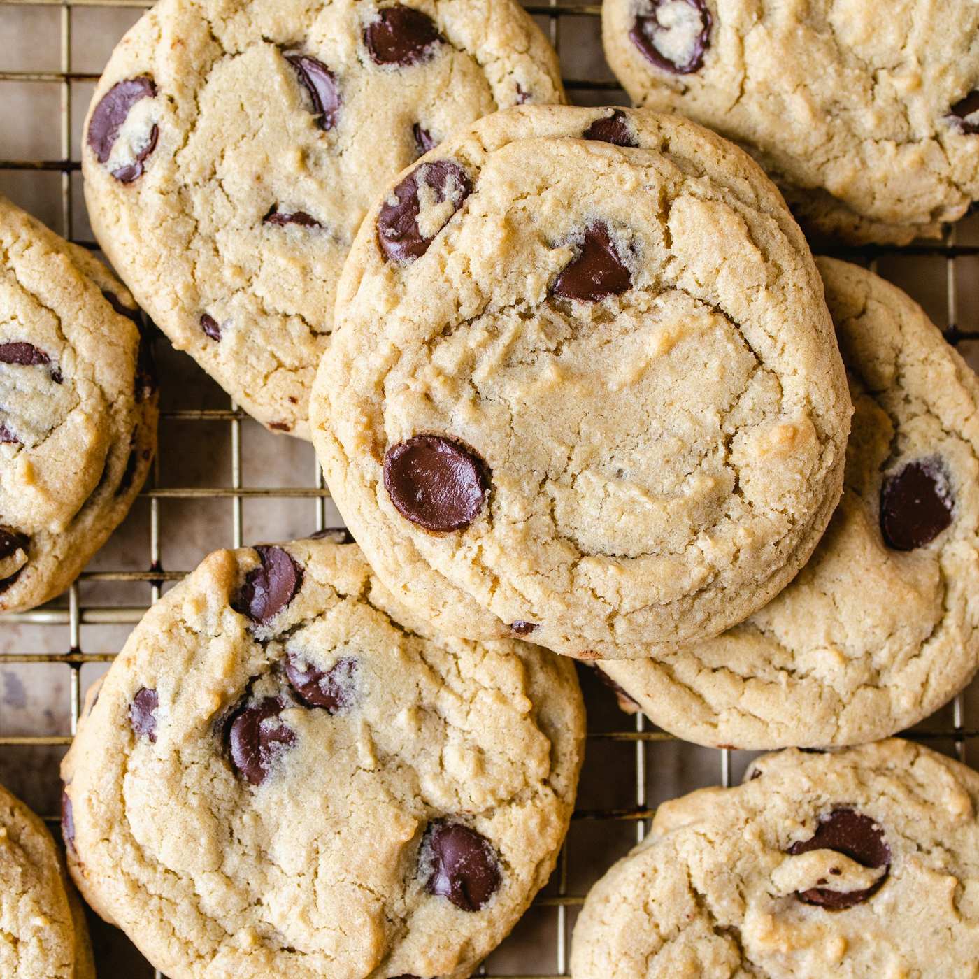 Chocolate chip cookies cooling on a rack