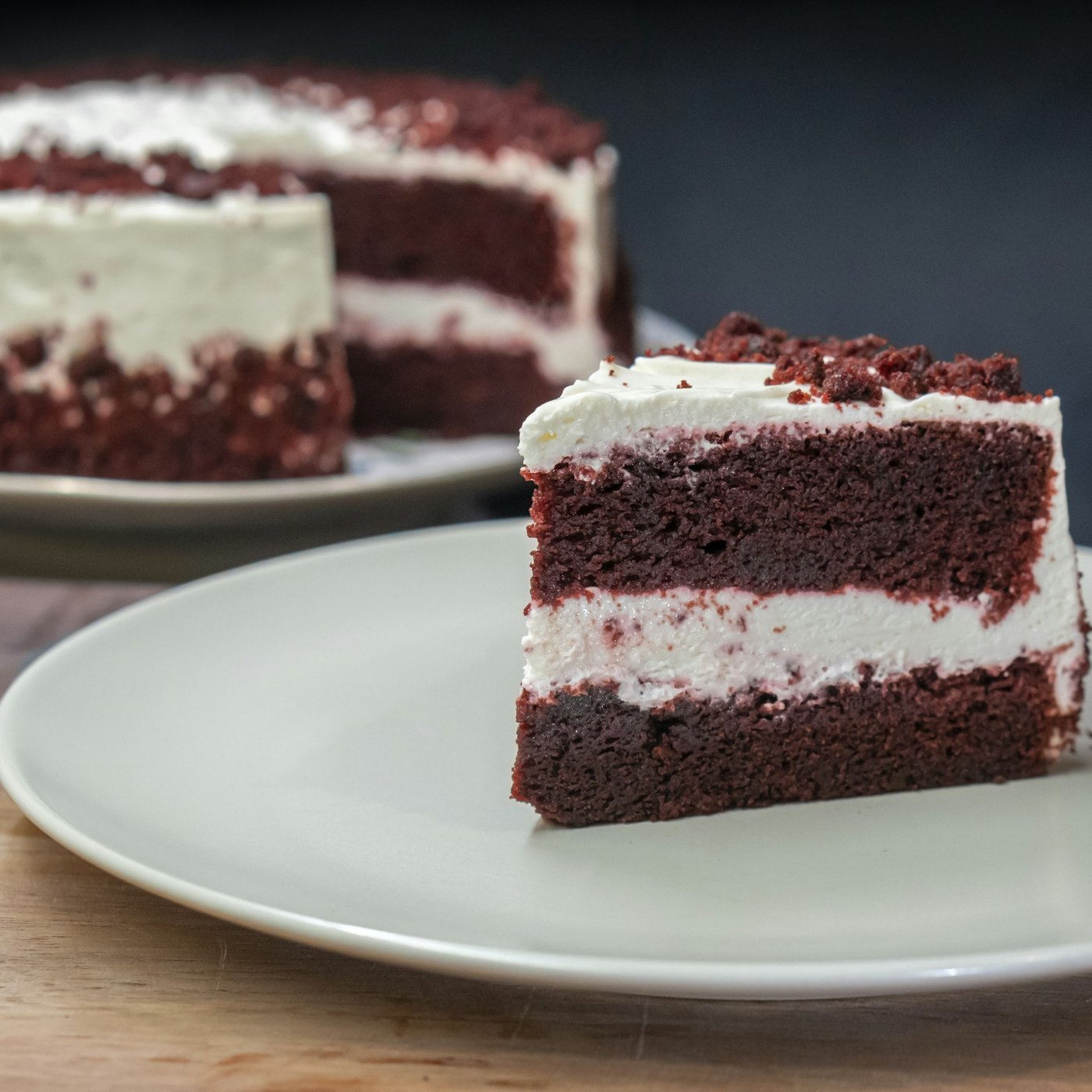 A red velvet layer cake with cream cheese frosting